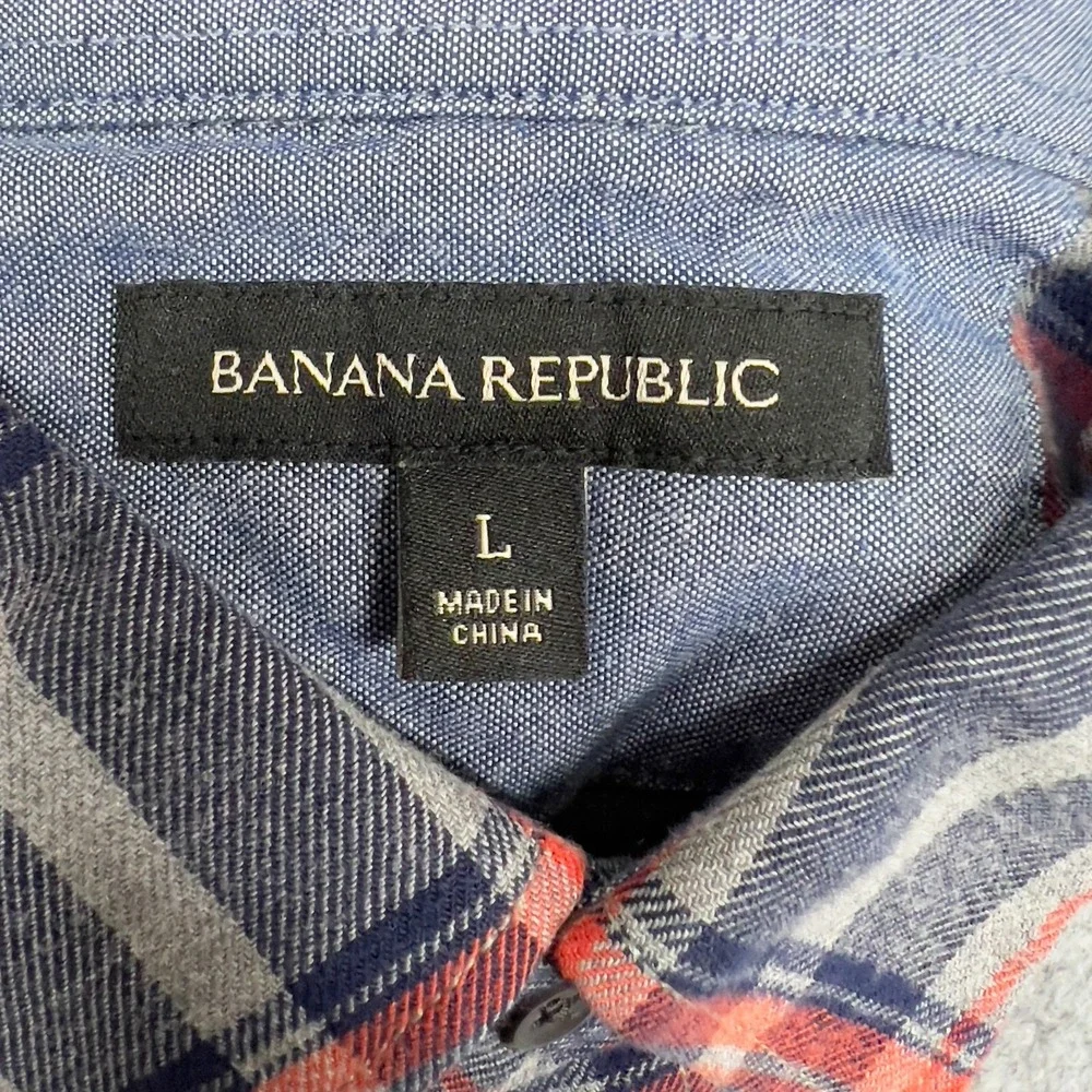 Banana Republic Shirt Mens Large Gray Red Plaid Button Up Casual Preppy Career